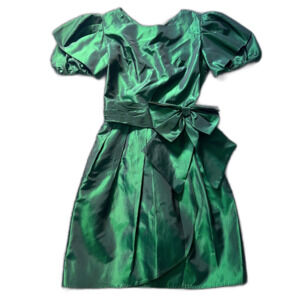 VTG Lanz Originals Iridescent Green Puff Sleeve Mini Dress w/ Bow Womens sz S